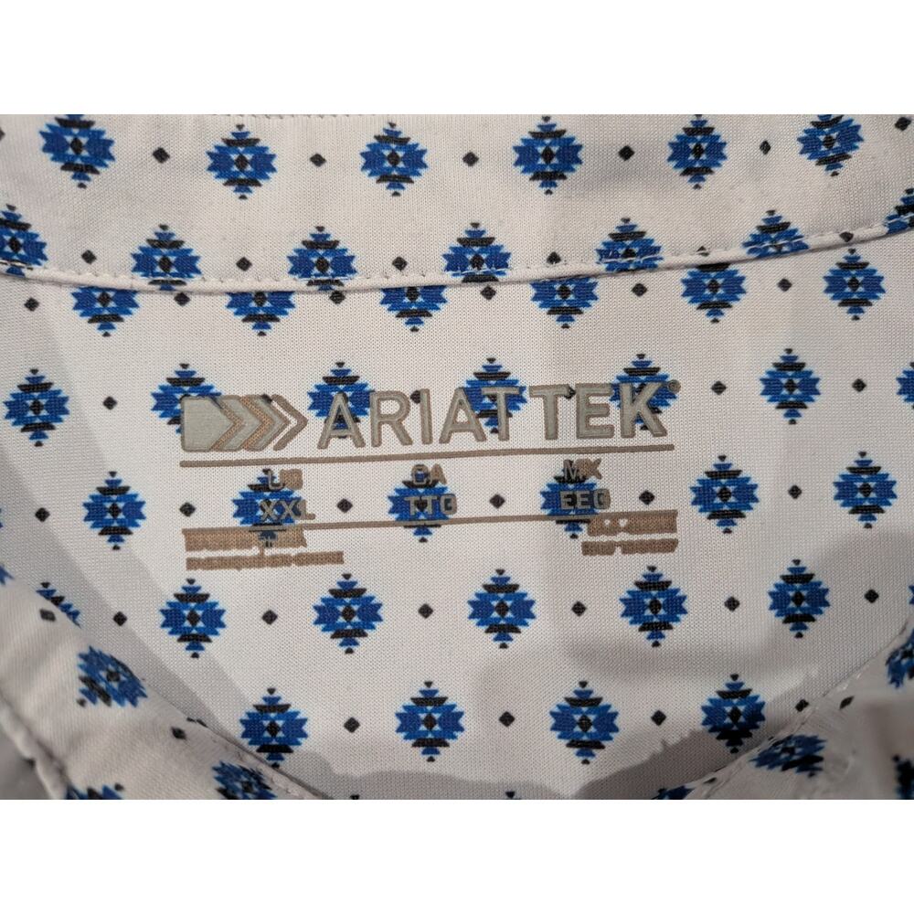 Ariat Tek Performance Polo Mens XXL White Navy Aztec Print GUC - Picture 5 of 10